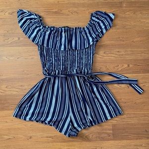 Navy PinStripe Off The Shoulder Romper